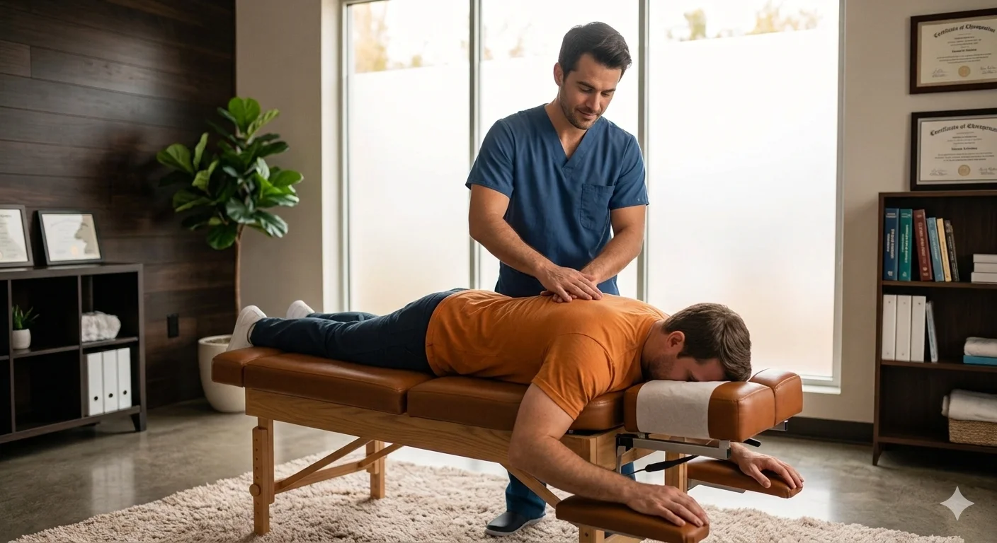 Chiropractor performing a spinal adjustment on a patient lying face down on a treatment table in a modern chiropractic office