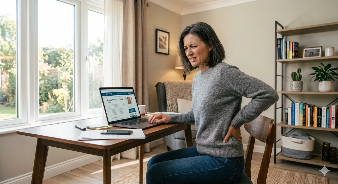 Woman sitting at home desk wincing in lower back pain while researching back pain treatment on her laptop