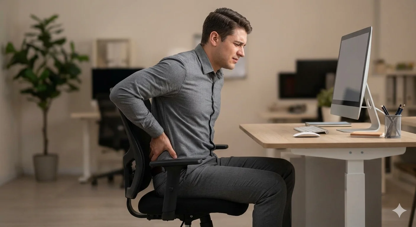 Man experiencing lower back pain while sitting at office desk chair